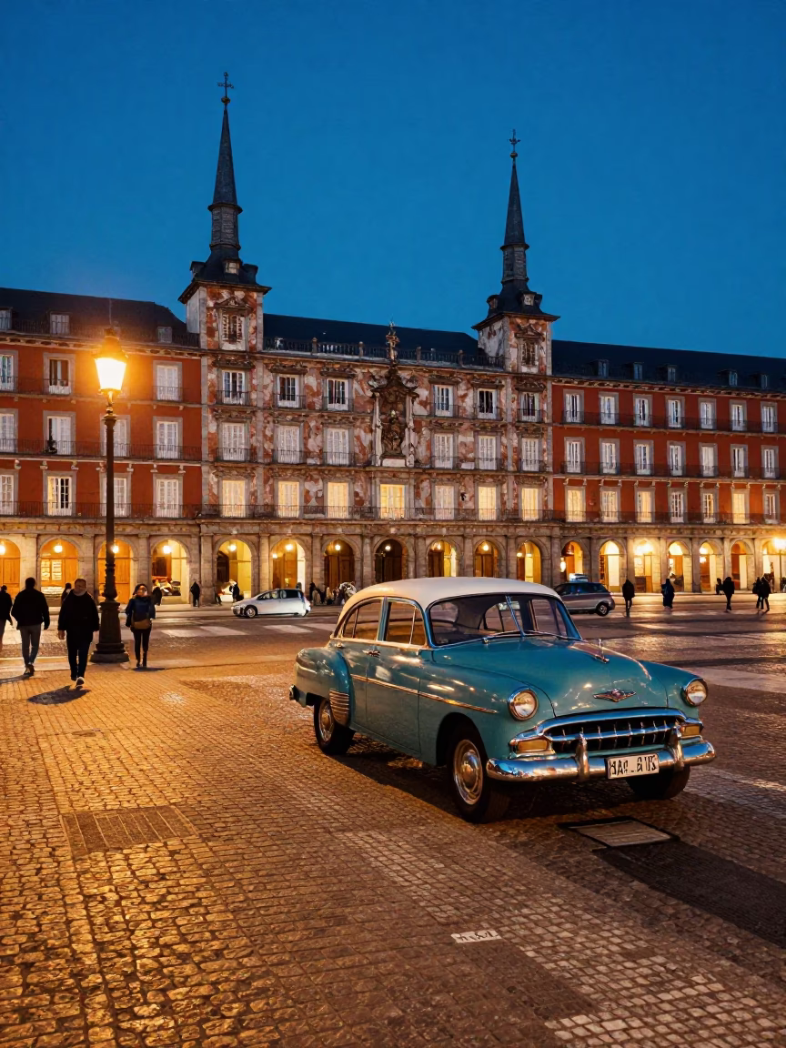 Blue Hour Street Scene in Madrid Spain with Vintage Car and Pedestrians in in Madrid, Spain