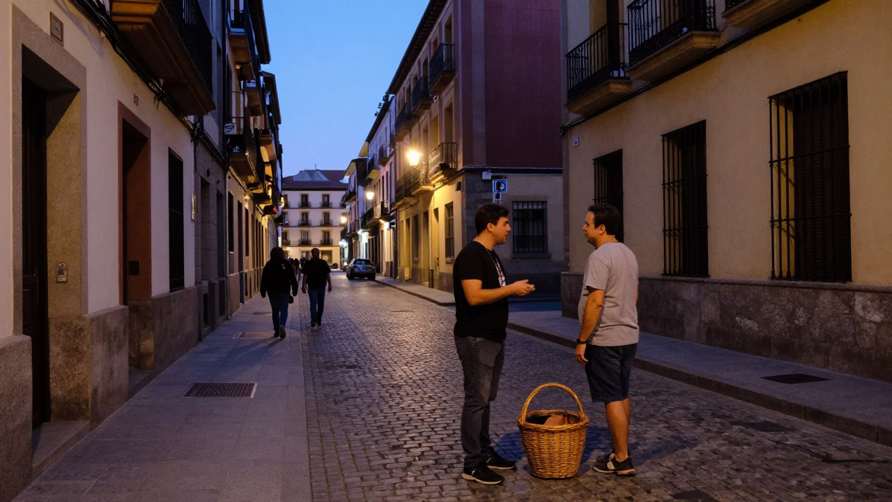 Blue Hour Street Scene in Madrid Spain with Wicker Basket and Local Interaction in in Madrid, Spain