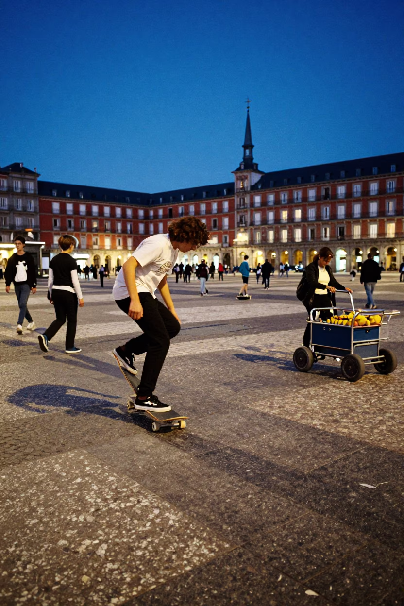 Blue Hour Street Scene in Madrid with Skateboarder and Rolling Carts in in Madrid, Spain
