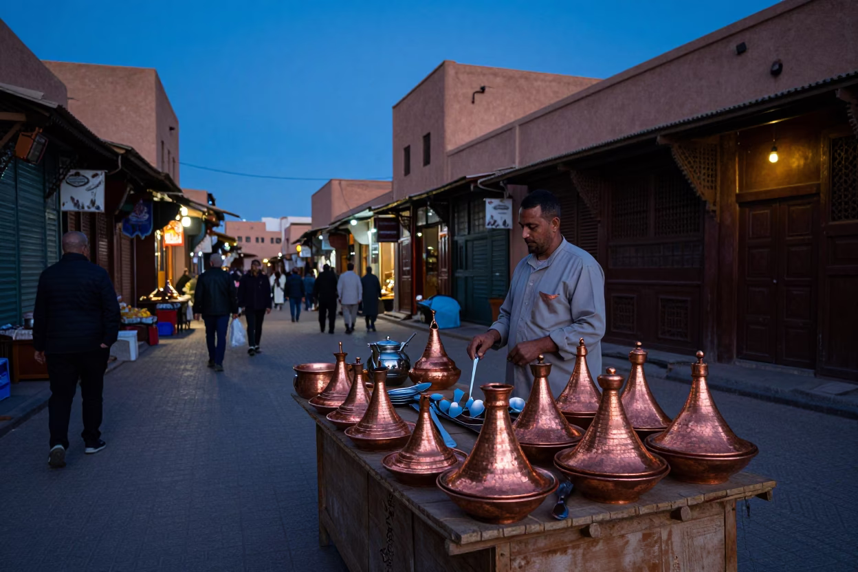 Blue Hour Street Scene in Marrakech Morocco with Copper and Cutlery in in Marrakech, Morocco