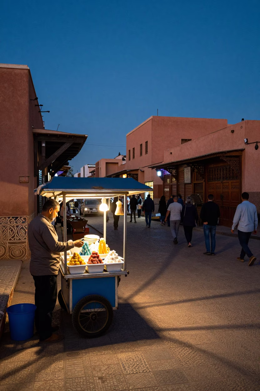 Blue Hour Street Scene in Marrakech Morocco with Gelato Display and Churros Plate in in Marrakech, Morocco