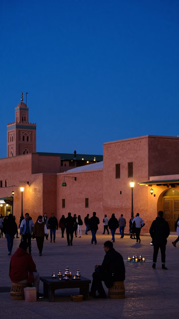 Blue Hour Street Scene in Marrakech Morocco with Lanterns and Tea Service in in Marrakech, Morocco