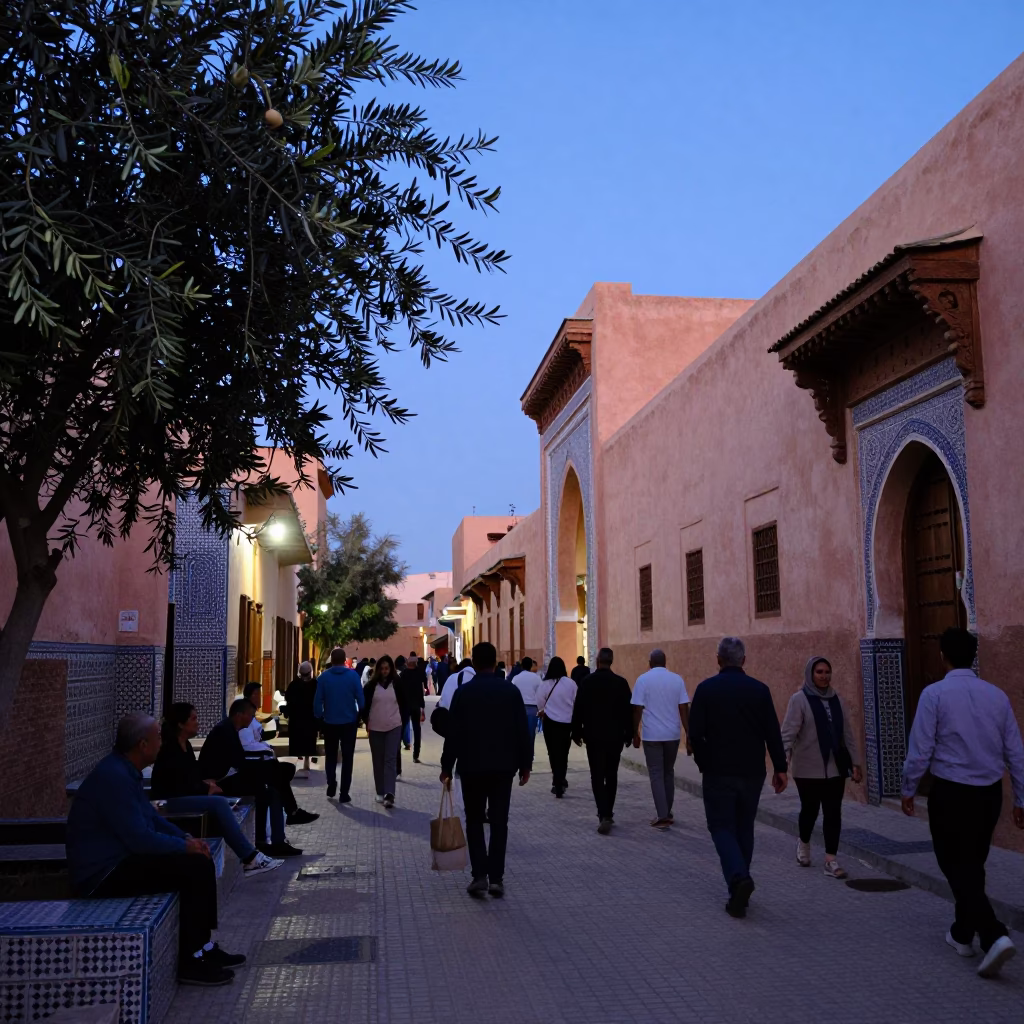 Blue Hour Street Scene in Marrakech Morocco with Olive Branch and Traditional Architecture in in Marrakech, Morocco