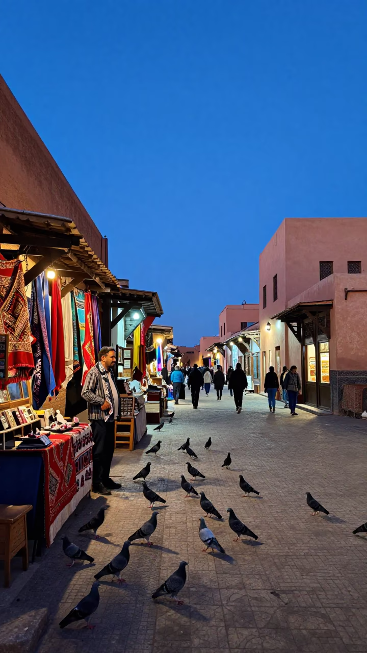 Blue Hour Street Scene in Marrakech Morocco with Pigeons and Scarf in in Marrakech, Morocco