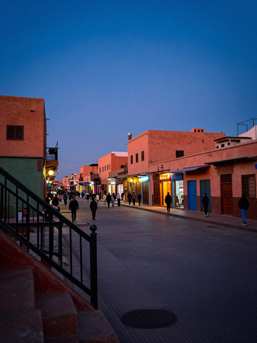 Blue Hour Street Scene in Marrakech Morocco with Ripples and Stair Rail in in Marrakech, Morocco
