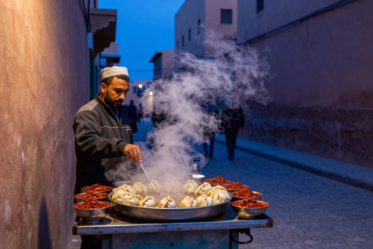 Blue Hour Street Scene in Marrakech Morocco with Steam and Local Life in in Marrakech, Morocco