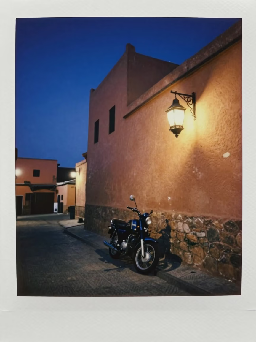 Blue Hour Street Scene in Marrakech Morocco With Vintage Motorcycle and Lantern in in Marrakech, Morocco