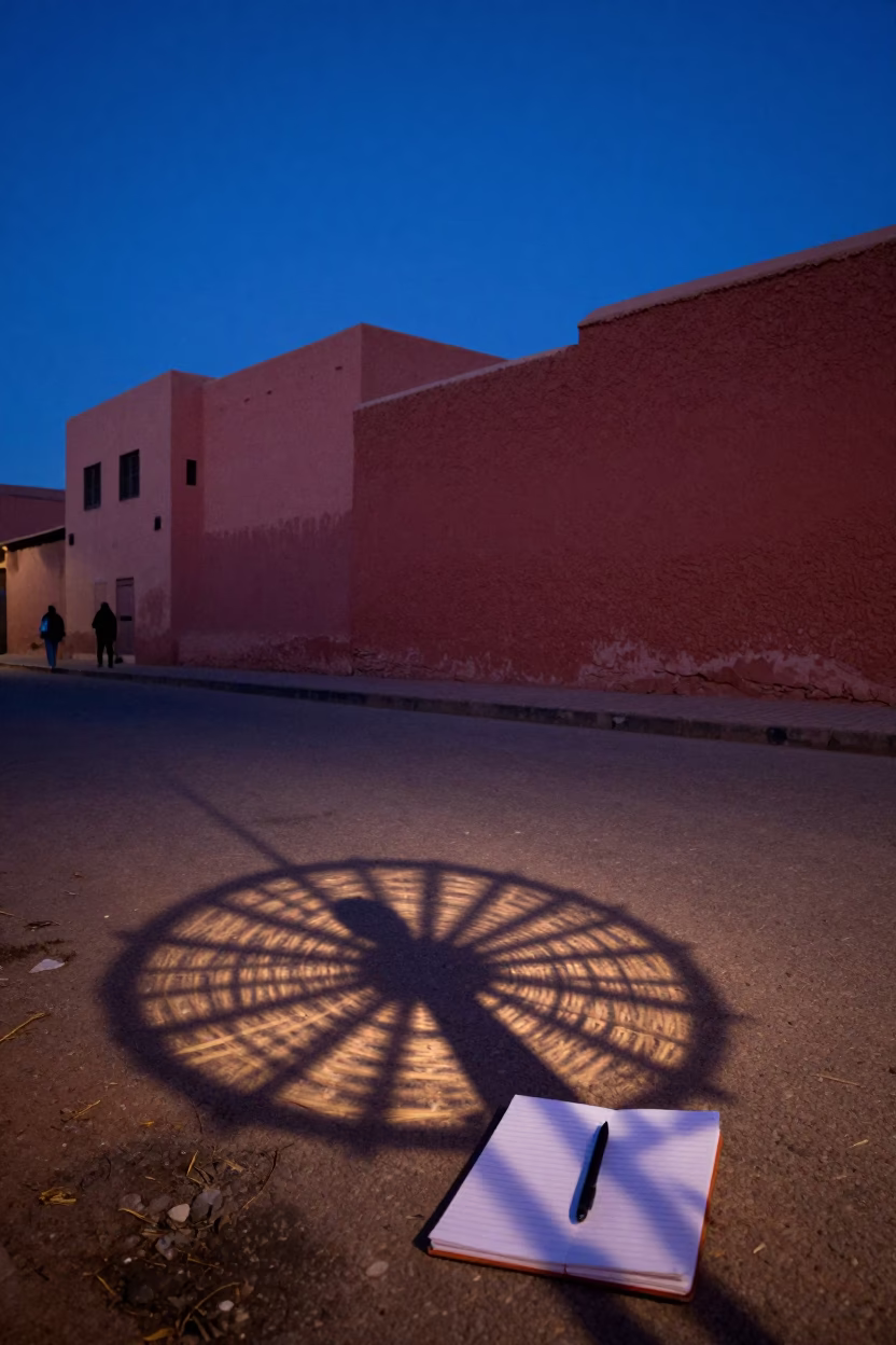 Blue Hour Street Scene in Marrakech Morocco with Wicker Shadow and Notebook in in Marrakech, Morocco