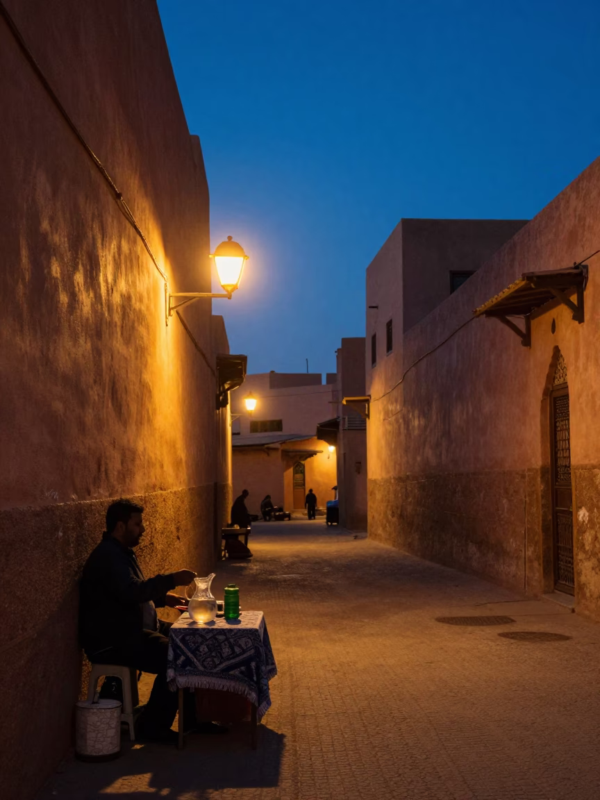 Blue Hour Street Scene in Marrakech With Local Vendor And Glass Pitcher in in Marrakech, Morocco