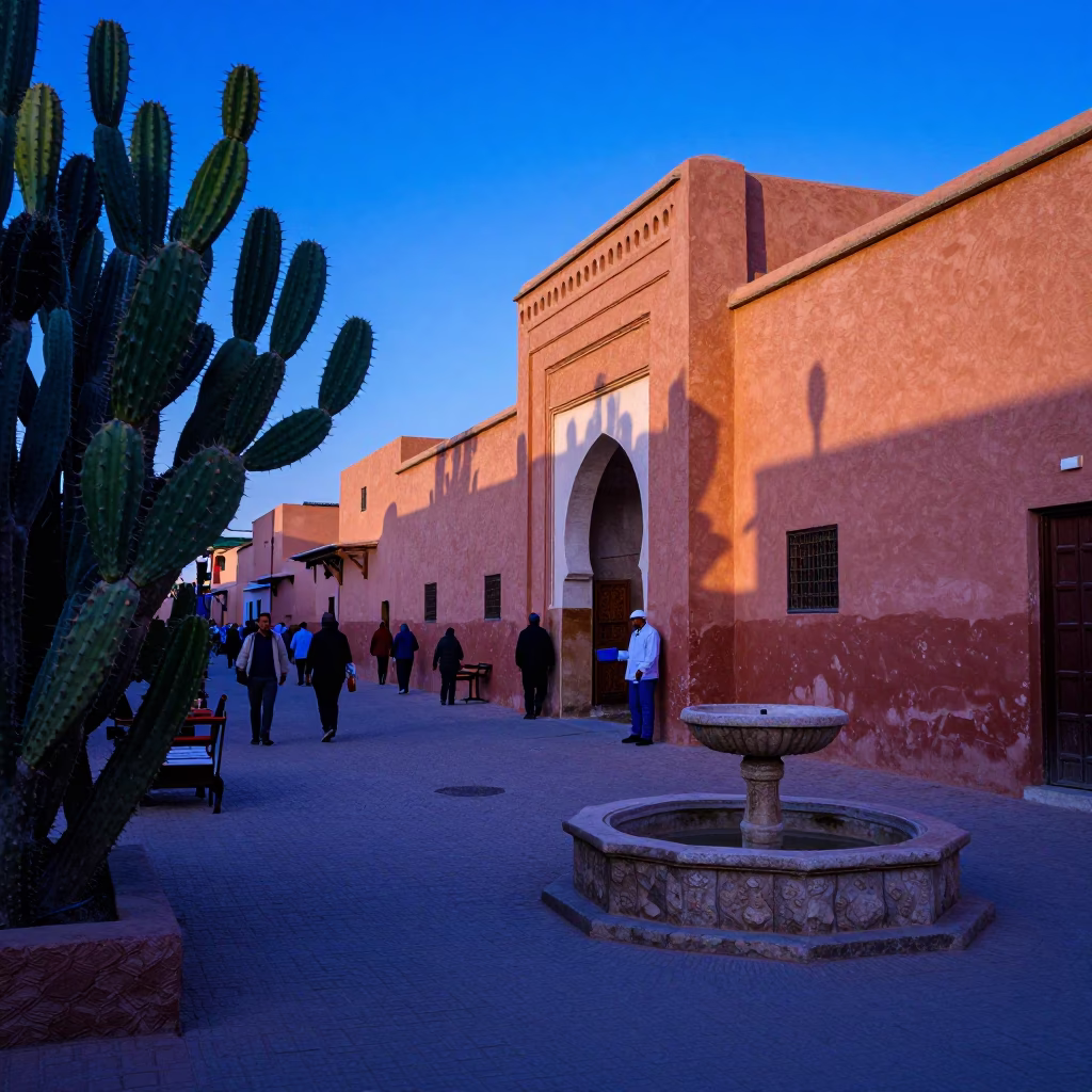 Blue Hour Street Scene in Marrakech with Prickly Pear and Local Activity in in Marrakech, Morocco