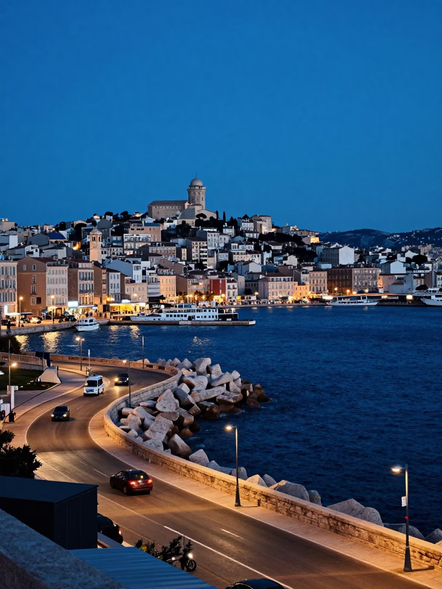 Blue Hour Street Scene in Marseille France with Breakwater and Harbor Beacon in in Marseille, France