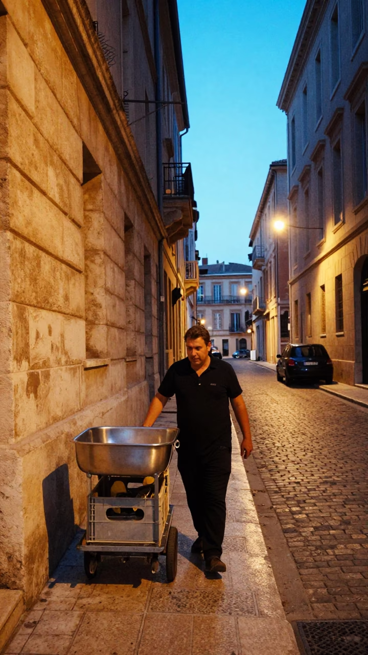 Blue Hour Street Scene in Marseille France with Brushed Steel Basin and Rolling Carts in in Marseille, France