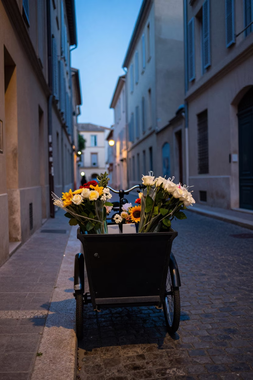 Blue Hour Street Scene in Marseille France with Cargo Bicycle and Flowers in in Marseille, France
