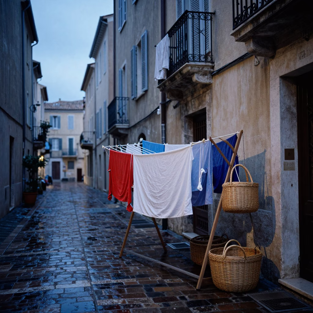 Blue Hour Street Scene in Marseille France with Drying Rack and Woven Baskets in in Marseille, France