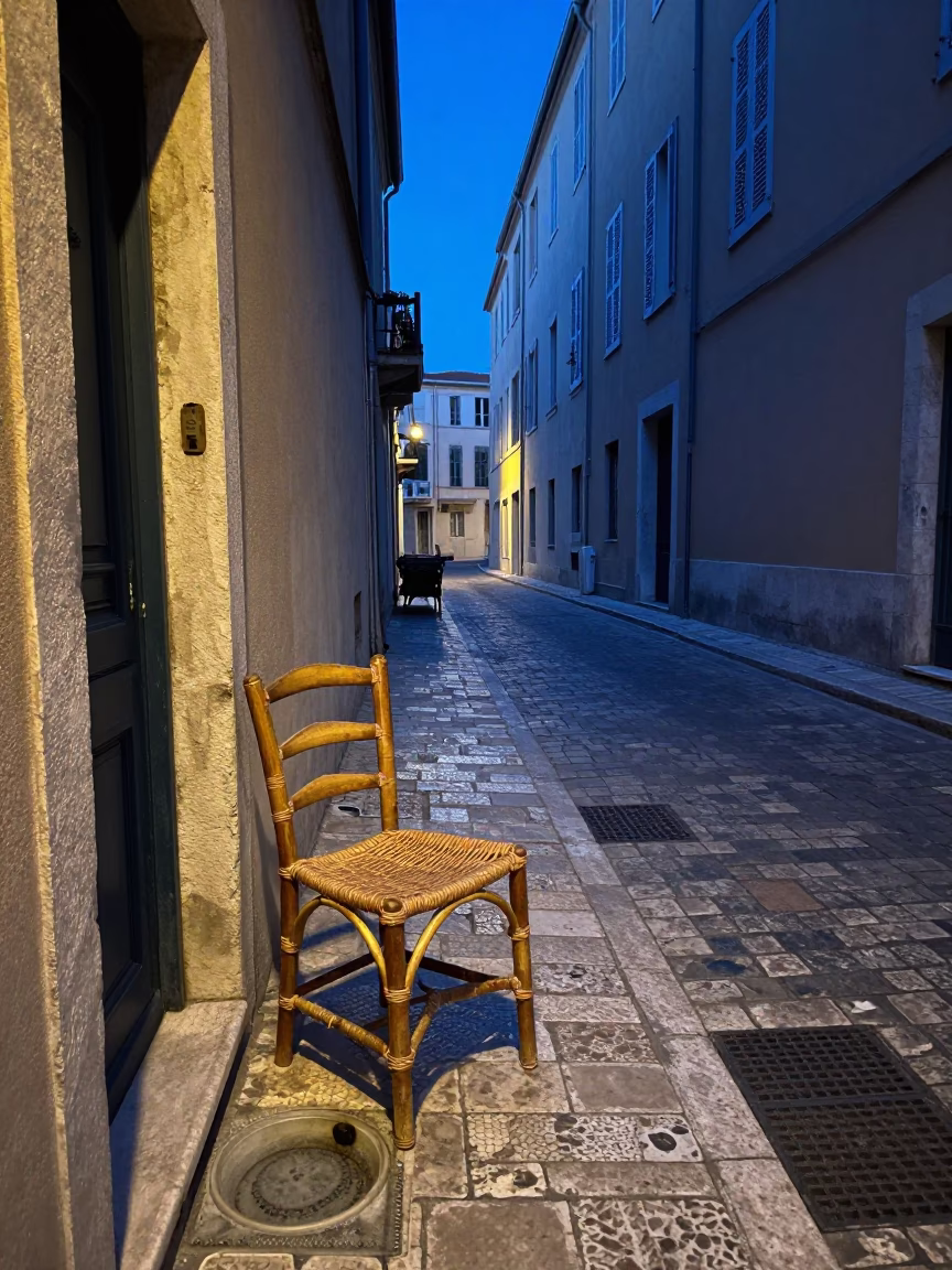 Blue Hour Street Scene in Marseille France with Rattan Chair and Basins in in Marseille, France