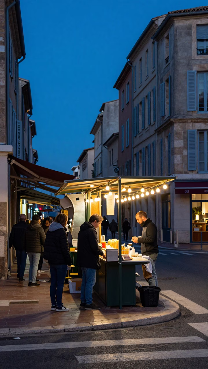 Blue Hour Street Scene in Marseille France with String Lights and Local Market Vibe in in Marseille, France