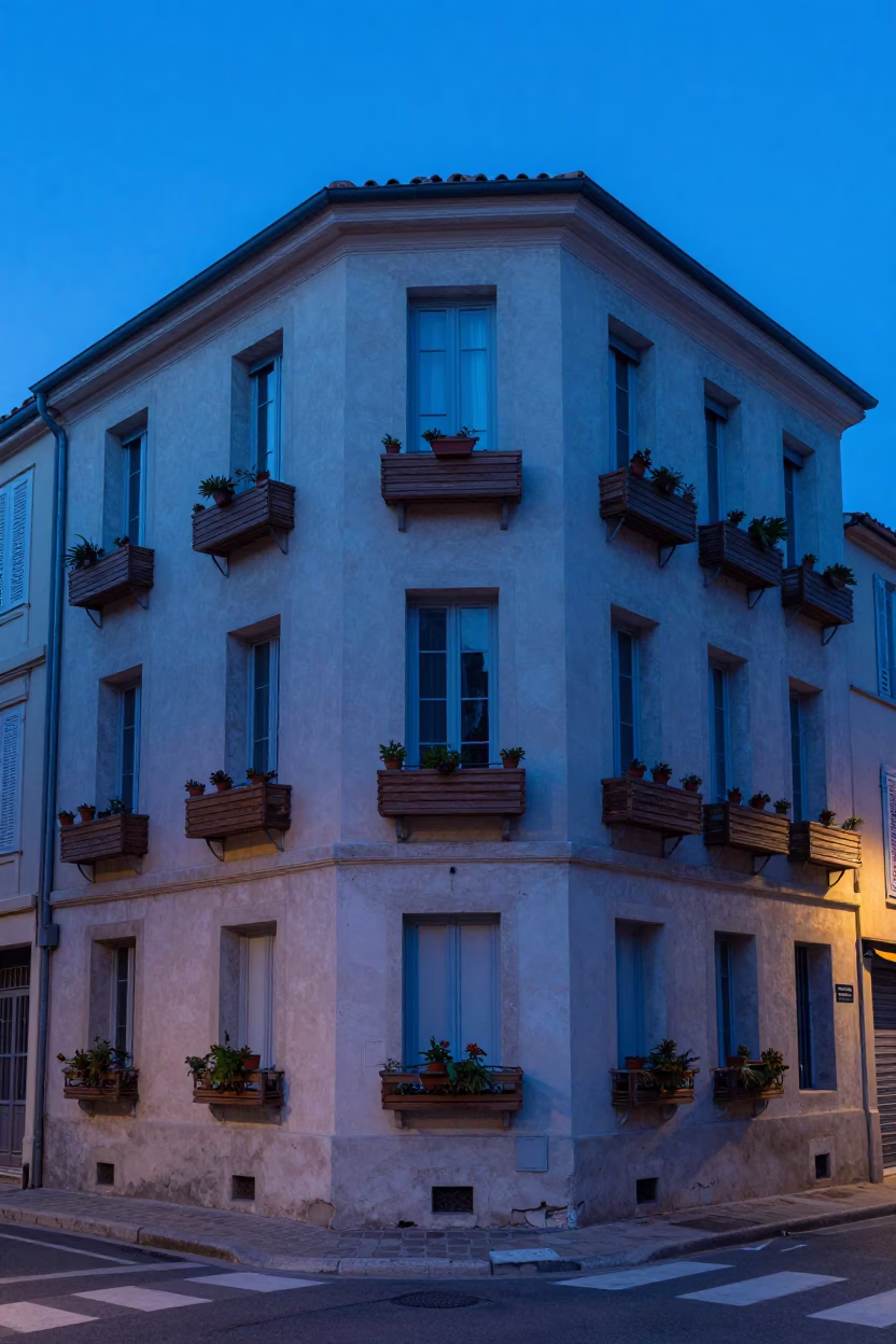 Blue Hour Street Scene in Marseille with Window Boxes and Evening Light in in Marseille, France