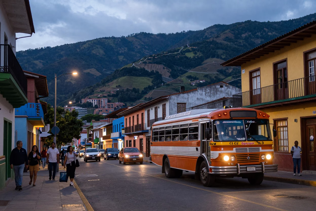 Blue Hour Street Scene in Medellin Colombia with Classic Bus and Winding Mountain Highway in in Medellin, Colombia