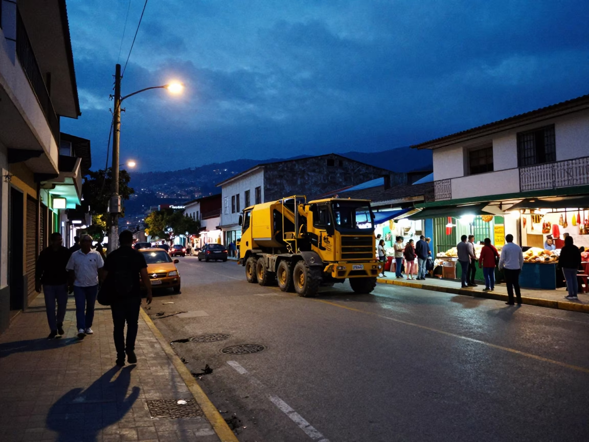Blue Hour Street Scene in Medellin Colombia with Construction Mixer and Local Market Activity in in Medellin, Colombia