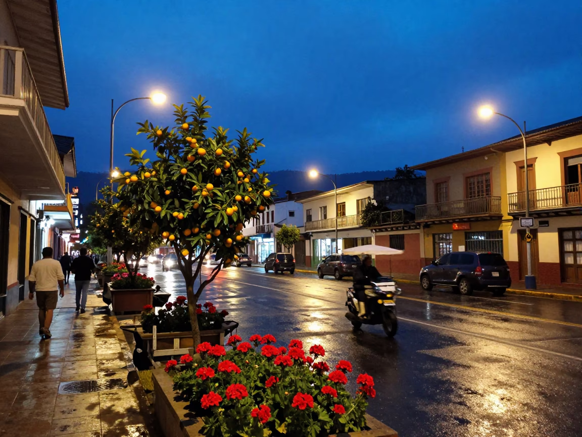 Blue Hour Street Scene in Medellin Colombia with Geraniums and Apricots in in Medellin, Colombia