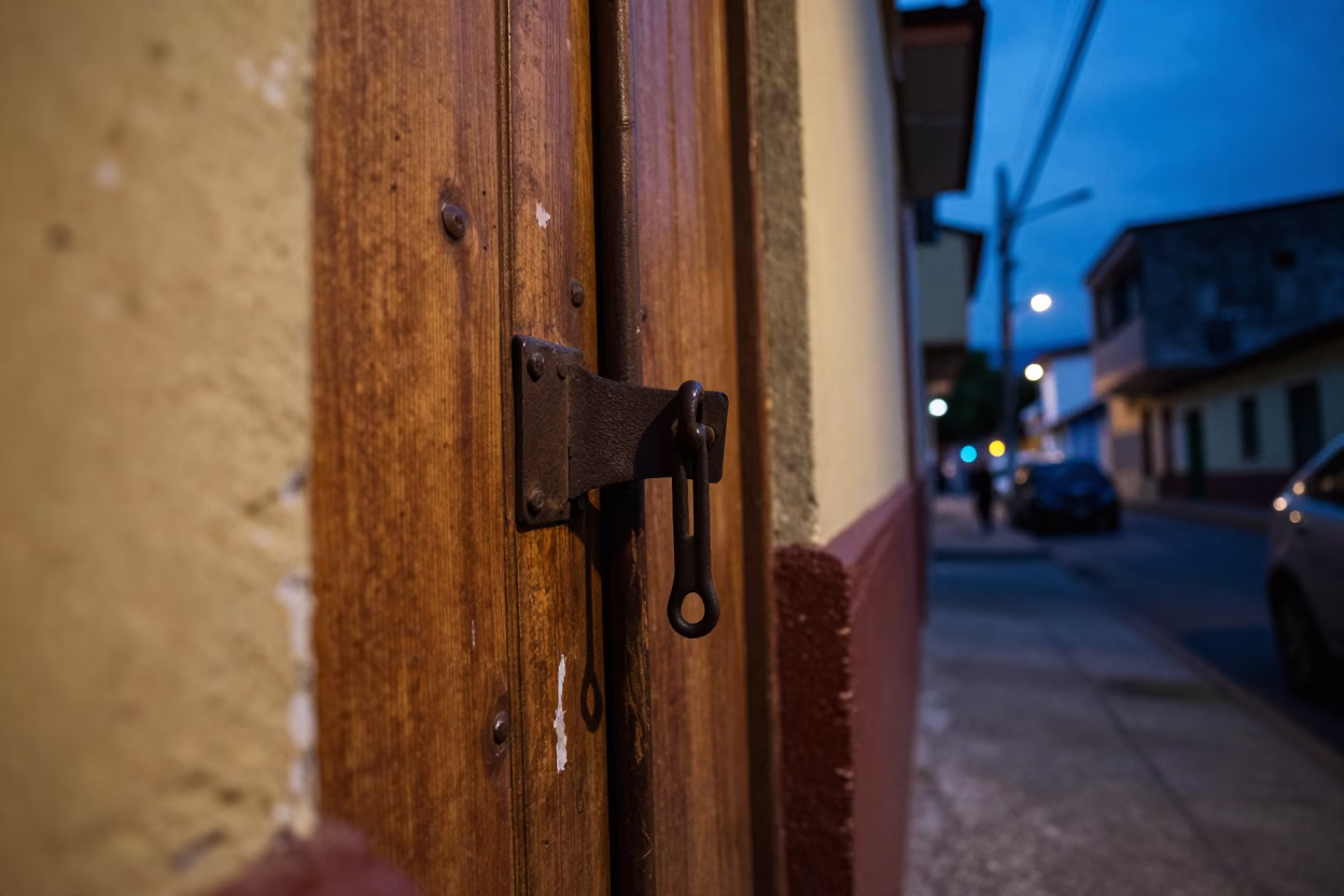 Blue Hour Street Scene in Medellin Colombia with Iron Deadbolt and Urban Details in in Medellin, Colombia