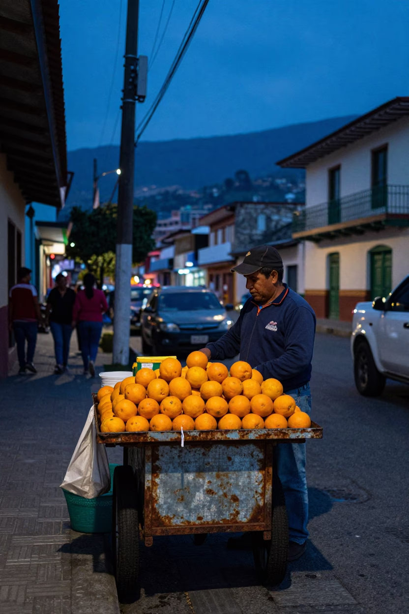 Blue Hour Street Scene in Medellin Colombia with Oranges and Rusty Table in in Medellin, Colombia