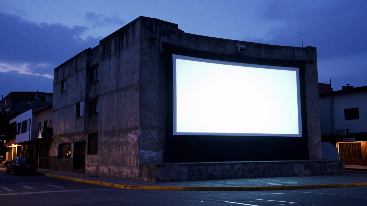 Blue Hour Street Scene in Medellin Colombia with Outdoor Cinema Screen and Concrete Architecture in in Medellin, Colombia