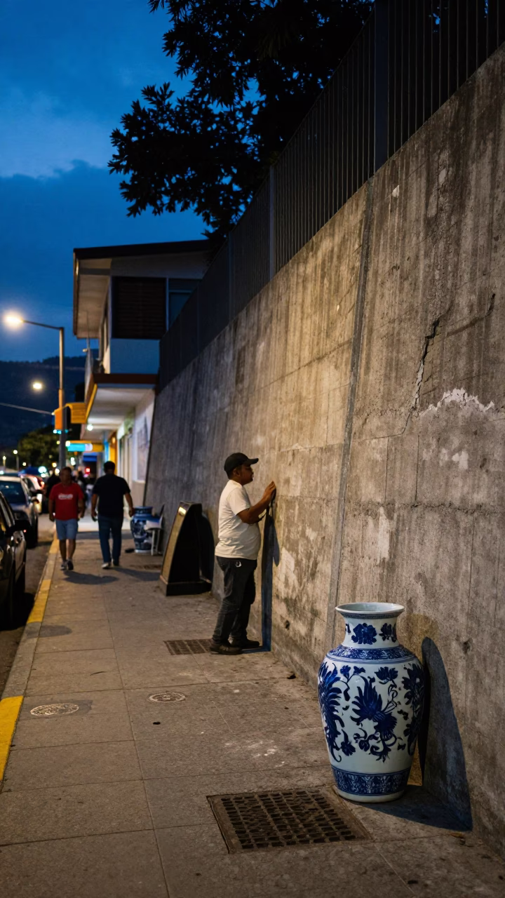 Blue Hour Street Scene in Medellin Colombia with Porcelain Jar and Concrete Wall in in Medellin, Colombia