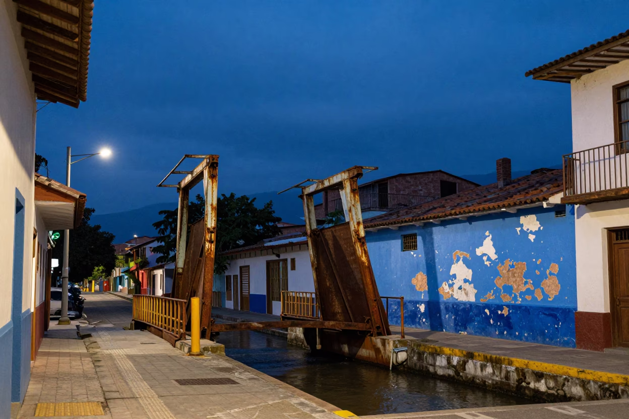 Blue Hour Street Scene in Medellin Colombia with Rusted Drawbridge and Chipped Blue Enamel in in Medellin, Colombia