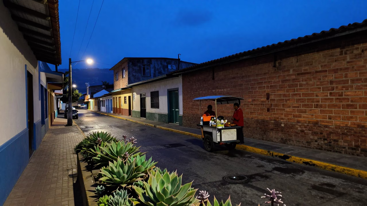 Blue Hour Street Scene in Medellin Colombia with Succulents and Urban Life in in Medellin, Colombia