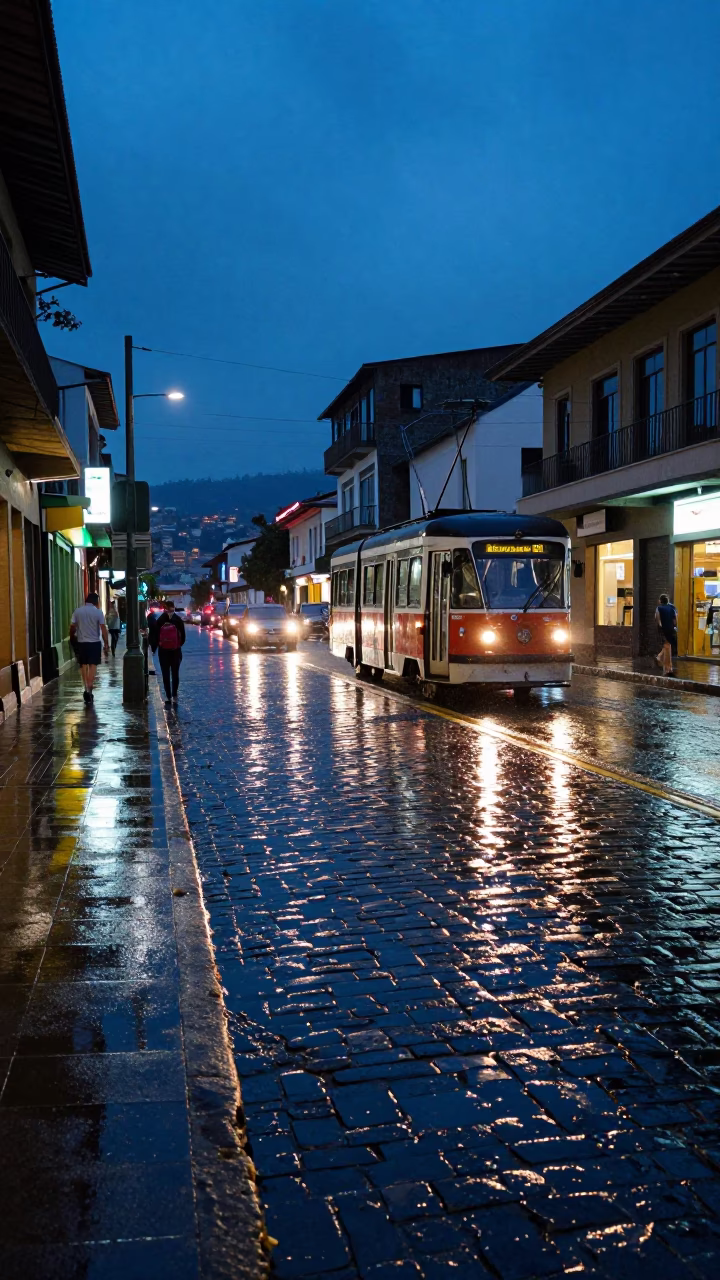 Blue Hour Street Scene in Medellin Colombia with Tramcar Reflection and Rainy Cobblestones in in Medellin, Colombia