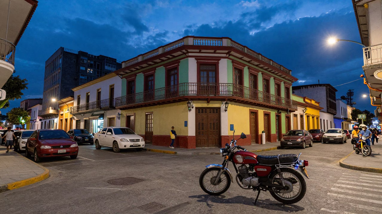 Blue Hour Street Scene in Medellin Colombia with Vintage 1950s Motorcycle and Colorful Architecture in in Medellin, Colombia