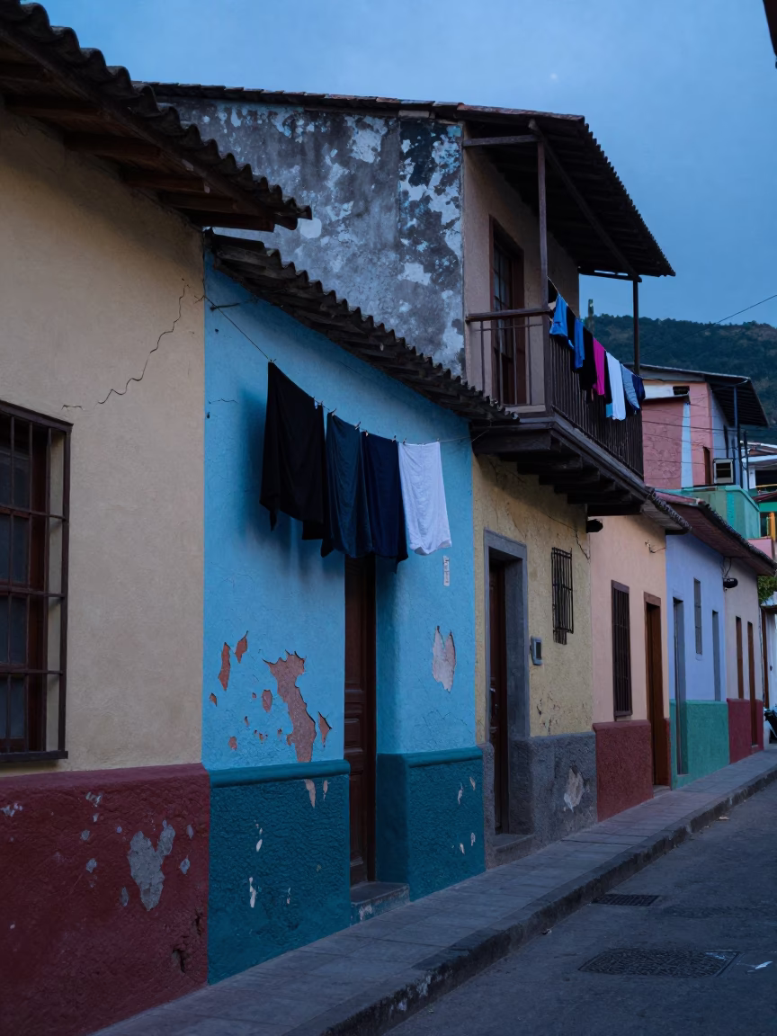 Blue hour street scene in Medellin with worn stucco and hanging laundry in in Medellin, Colombia