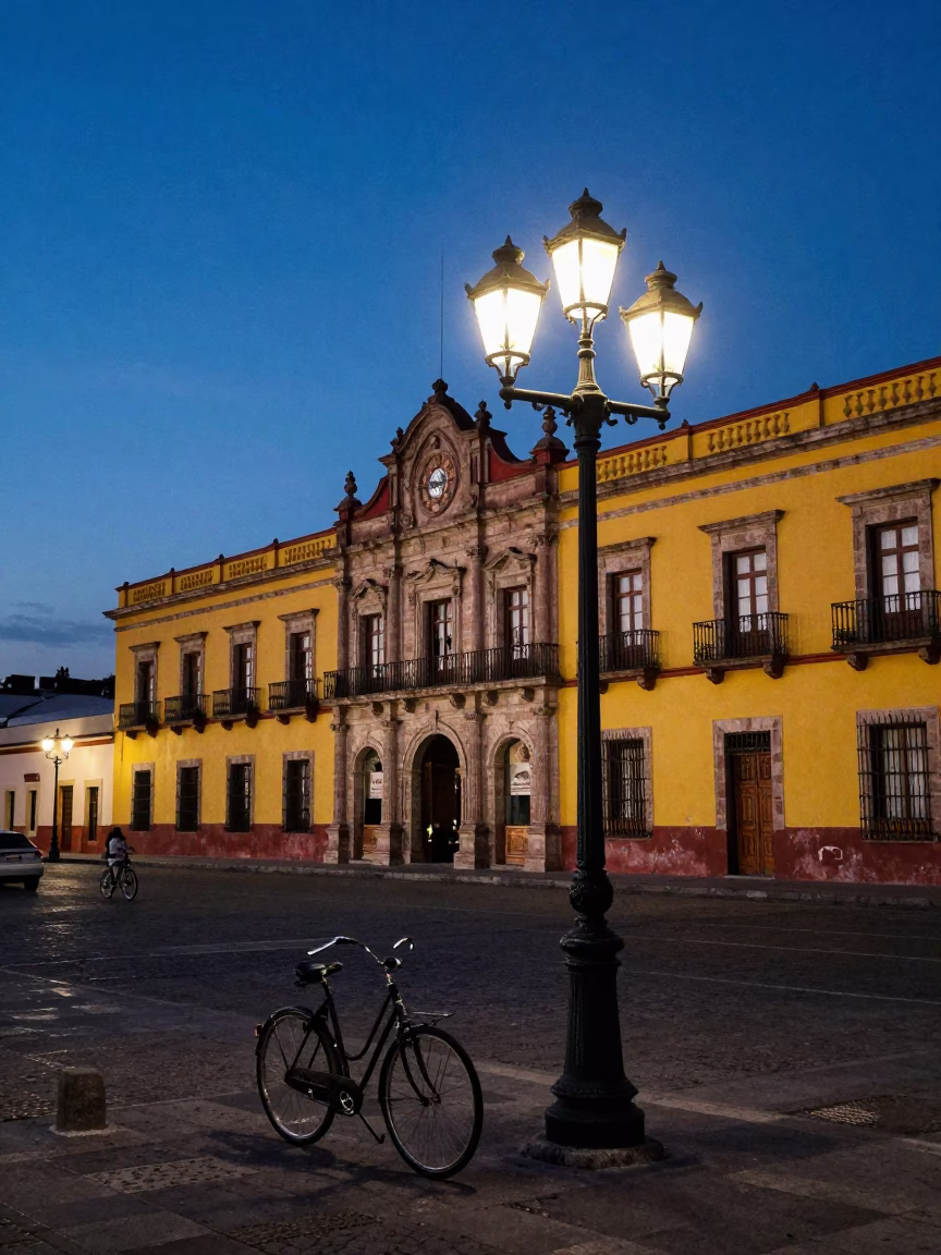 Blue Hour Street Scene in Merida Mexico with Bicycle and Hurricane Lamp in in Merida, Mexico