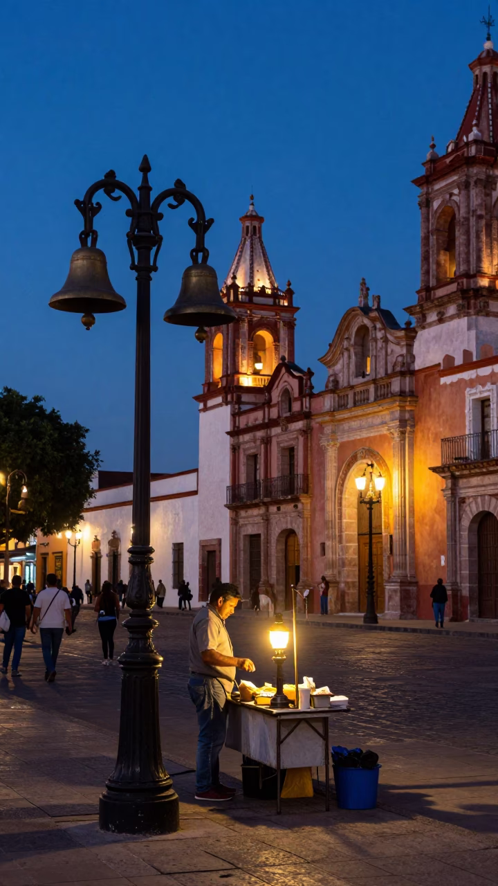 Blue Hour Street Scene in Merida Mexico with Brass Bell and Oil Lamp in in Merida, Mexico