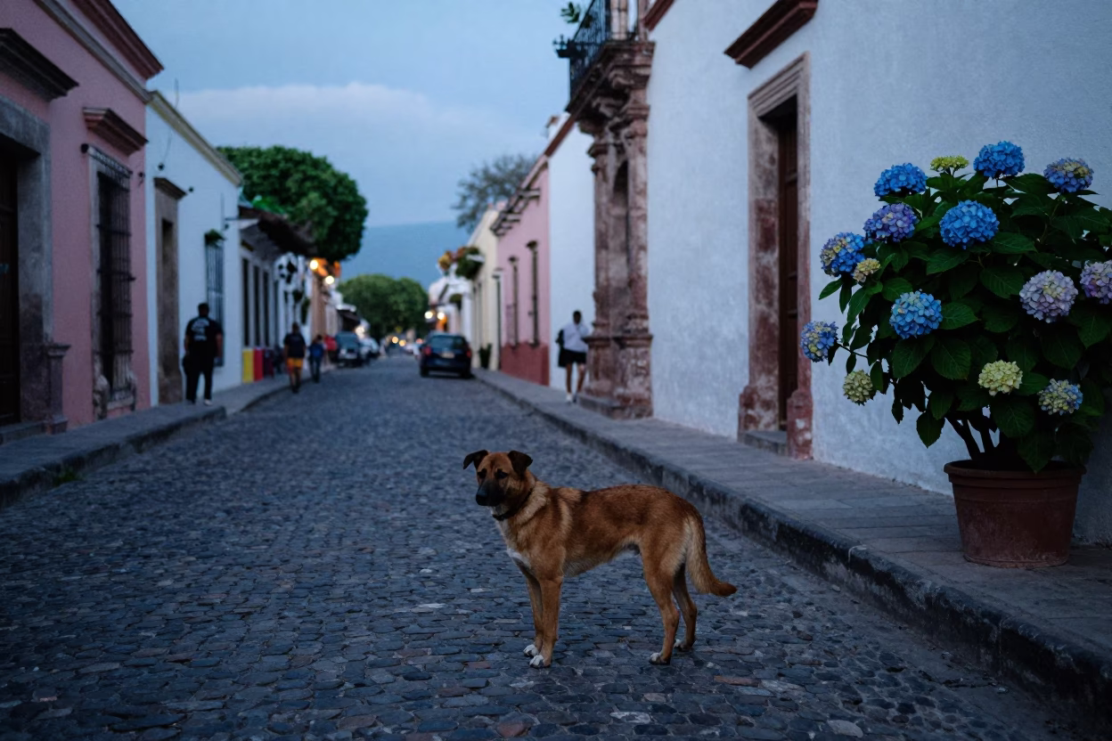 Blue Hour Street Scene in Merida Mexico with Brown Dog and Hydrangeas in in Merida, Mexico