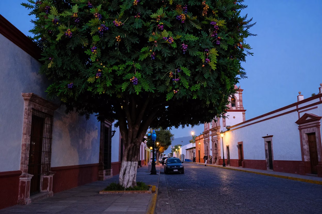 Blue Hour Street Scene in Merida Mexico with Fig Tree and Watering Bottle in in Merida, Mexico