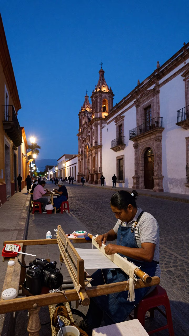 Blue Hour Street Scene in Merida Mexico with Local Artisans in in Merida, Mexico