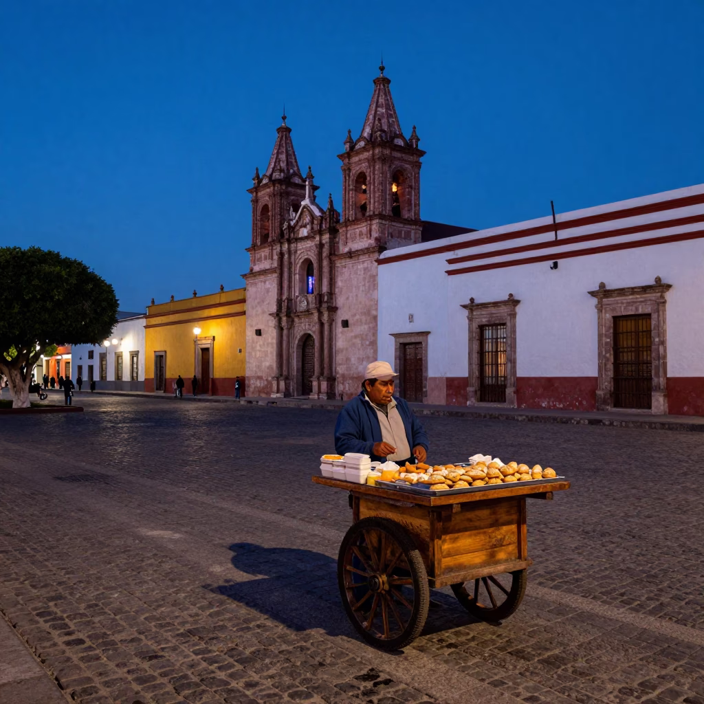 Blue Hour Street Scene in Merida Mexico with Local Vendor and Pastries in in Merida, Mexico