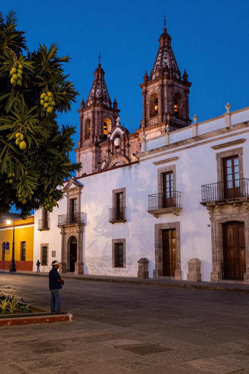 Blue Hour Street Scene in Merida Mexico with Mangoes and Colonial Architecture in in Merida, Mexico