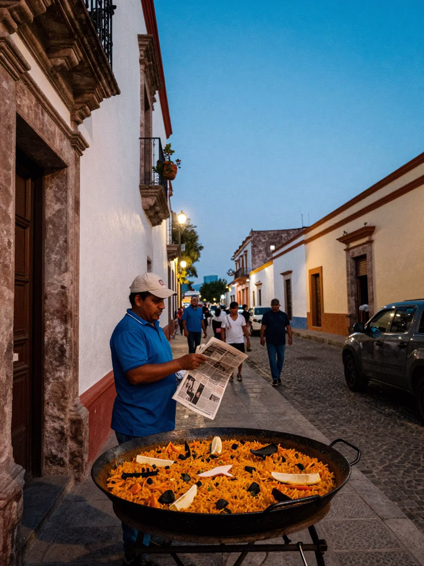 Blue Hour Street Scene in Merida Mexico with Paella and Newspaper in in Merida, Mexico