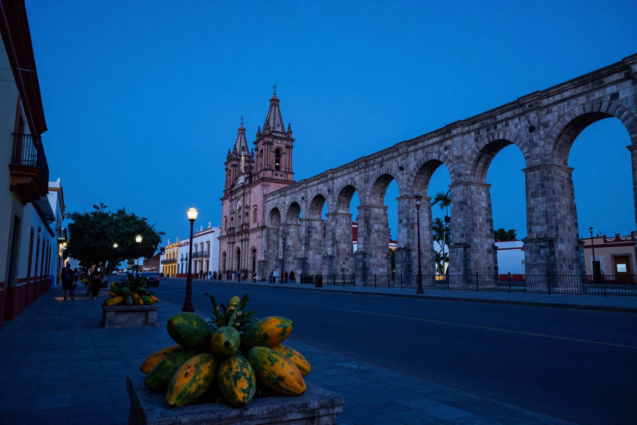 Blue Hour Street Scene in Merida Mexico with Papayas and Aqueduct Parapets in in Merida, Mexico