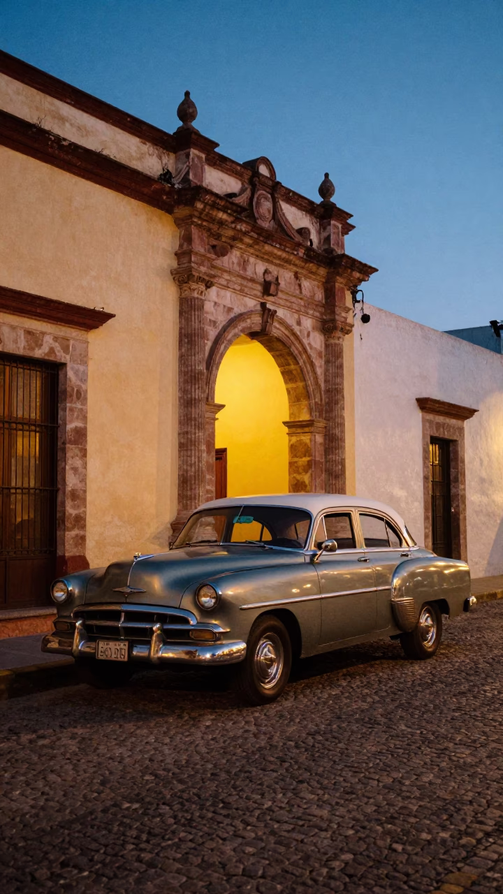Blue Hour Street Scene in Merida Mexico with Vintage Car and Colonial Architecture in in Merida, Mexico