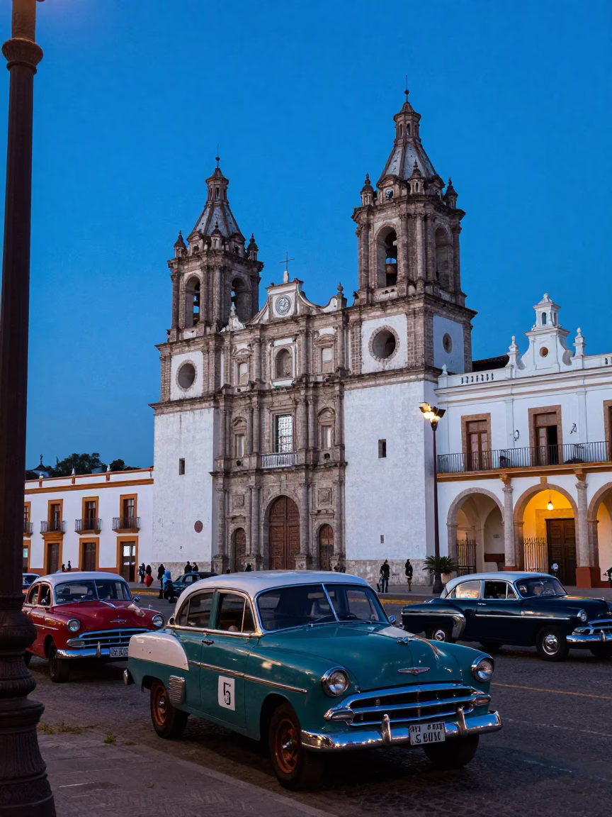Blue Hour Street Scene in Merida Mexico with Vintage Car Rally and Local Life in in Merida, Mexico