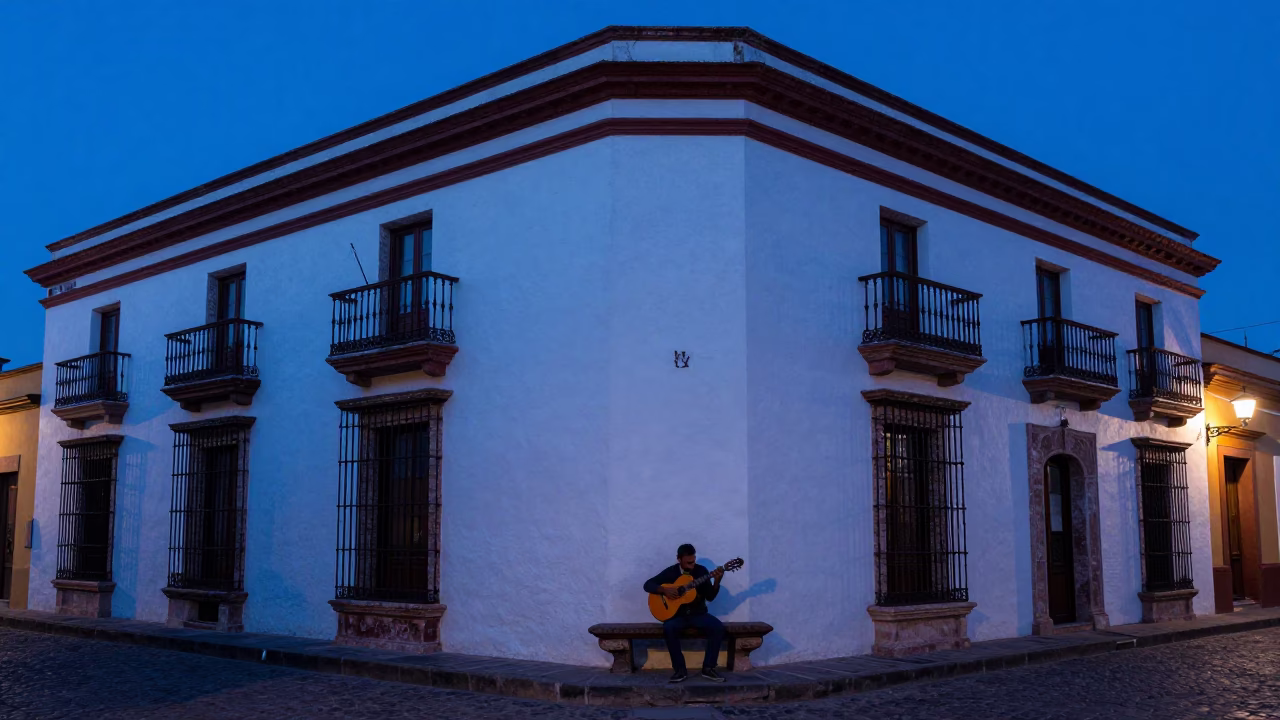 Blue Hour Street Scene in Merida Mexico with Vintage Guitar and Colonial Architecture in in Merida, Mexico