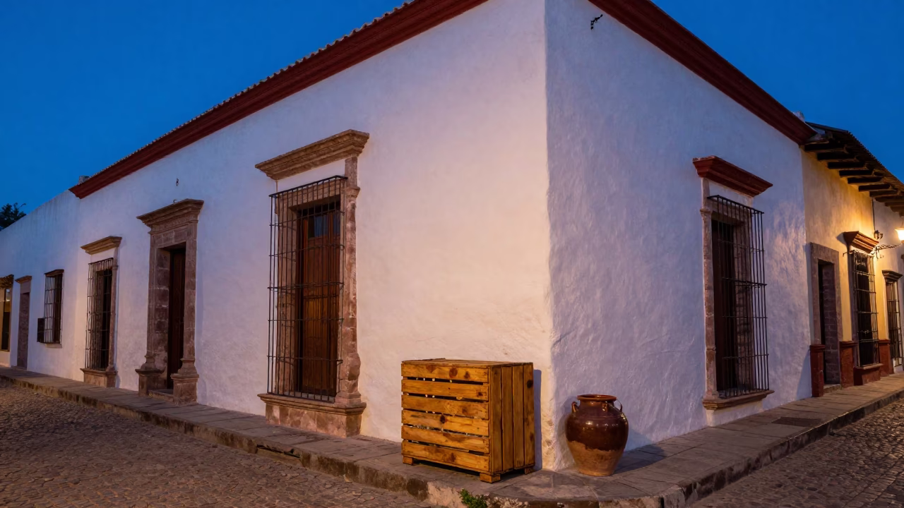 Blue Hour Street Scene in Merida Mexico with Wooden Crate and Ceramic Pot in in Merida, Mexico