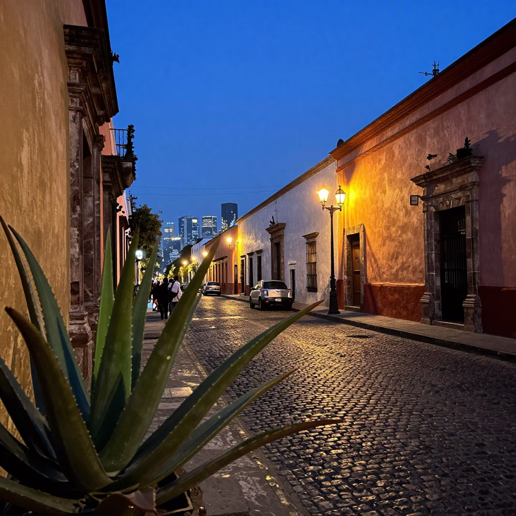 Blue Hour Street Scene in Mexico City with Aloe Vera and Local Street Food in in Mexico City, Mexico