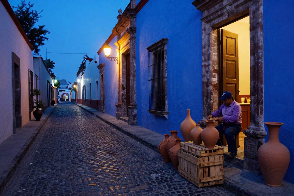 Blue Hour Street Scene in Mexico City With Clay Pots And Vase in in Mexico City, Mexico