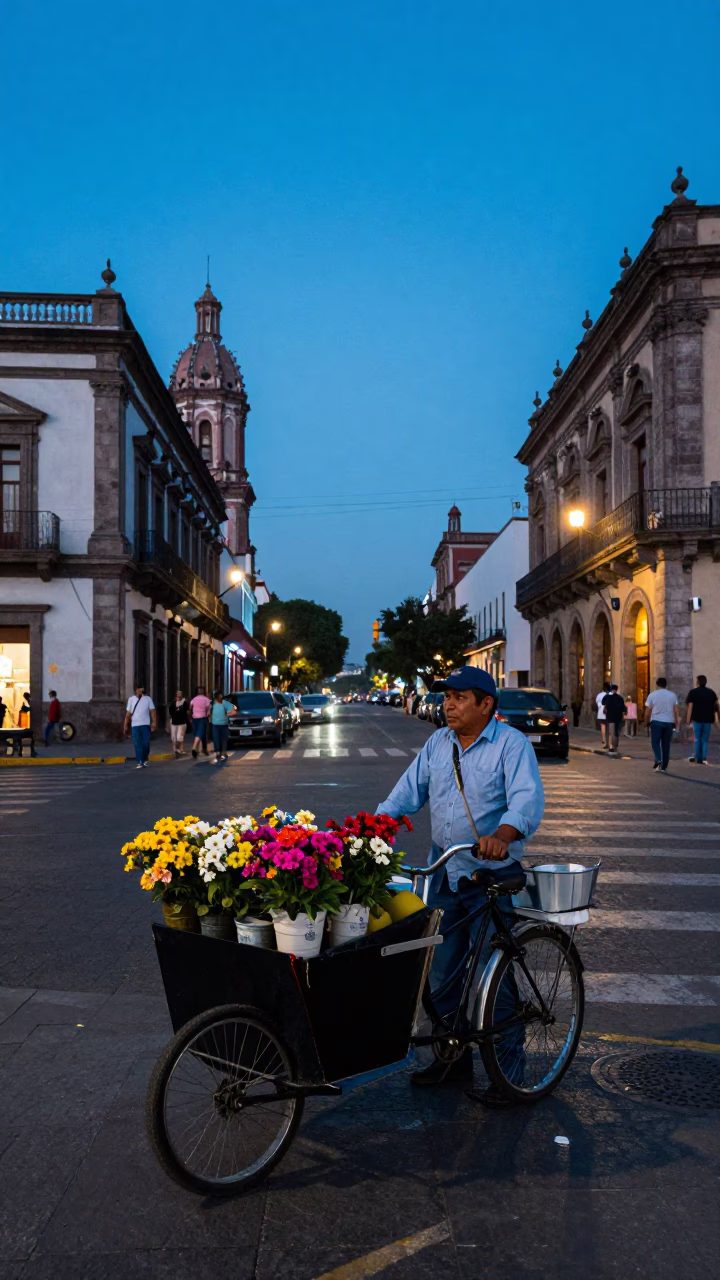 Blue Hour Street Scene in Mexico City With Flower Vendor Bicycle in in Mexico City, Mexico