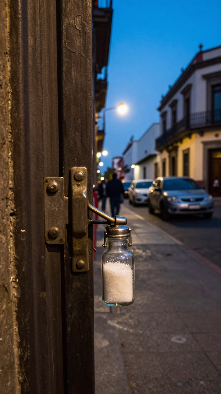 Blue Hour Street Scene in Mexico City with Nickel Latch and Glass Sugar Jar in in Mexico City, Mexico